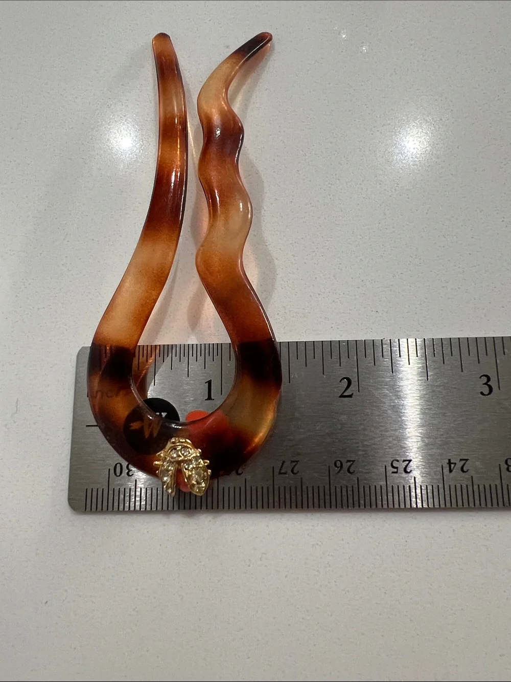 Tortoiseshell-Style Hair Fork w/ Gold-Coral-Diamond -style Ladybug Accent France